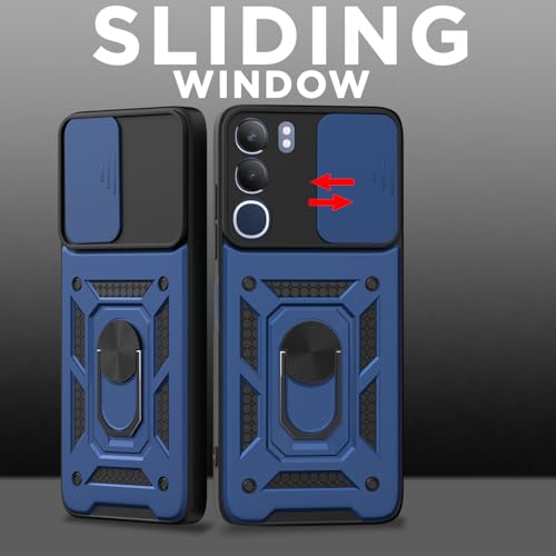 Image of Pikkme Back Cover for Vivo Y29 5G / Vivo Y19s | D10 Tough Armor | 360 Protection Case | Sliding Camera Shield Cover & Ring Holder Stand Bumper Case (Blue)