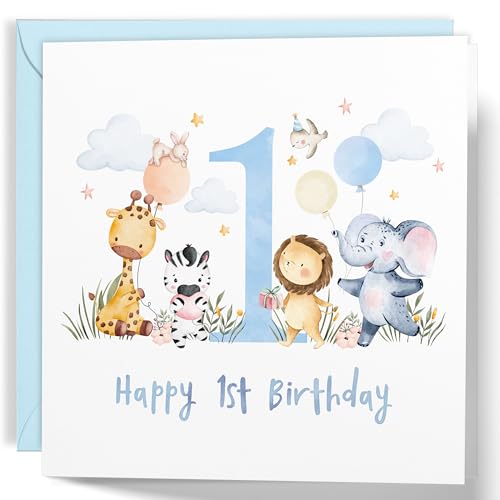 1st Birthday Card for Boys Cute Jungle Safari Animals Happy Birthday Card for One Year Old (Blue)