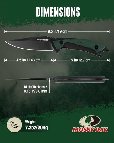 Image of Mossy Oak 9.5 inch Fixed Blade Hunting Knife with Sheath | 14C28N Full Tang; G10 Handle; Outdoor Knife for Survival, Camping, Hiking(Green)
