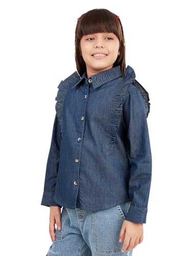 Image of olele Girls Full Sleeve Ruffles Cotton Linen Shirt - White for 4 to 14 Years | Kids Girl White Shirt | White Ruffle Shirt for Girls | Shirt Jeans