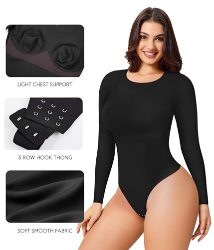 LODAY Long Sleeve Bodysuit Tummy Control Body Suits for Womens Slimming Crew Neck Bodysuits2