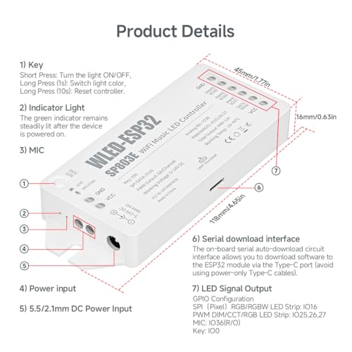 Image of BTF-LIGHTING ESP32 WLED LED Strip Controller SP803E, DIY Dynamic Modes