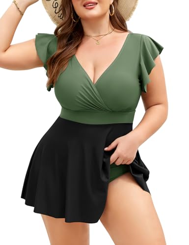 Svanco Tankini Maillot de Bain Femme Grande Taille 2 Pièces avec Manches Volants Haute Taille avec Jupe