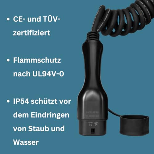 Câble de recharge EV Type 2 triphasé 32A avec câble spirale 3m pour véhicule électrique