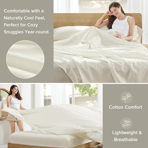 Comfort Spaces 100% Cotton Sheets Queen, Breathable, Ultra Soft Cotton Sheets, Naturally Cool Cotton Bed Sheets with 14" Elastic Pocket Fits up to 16" Mattress, All Season Sheet Set, Ivory 4 Piece