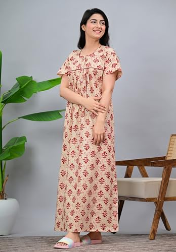 Image of DIAMO Pure Cotton Designer Nighty for Women | Night Gown | Nightdress | Maxi Nighty | Sleepwear | Jaipuri Nighty | Nighties | Cotton Night Gown for Women /Girls with Jaipuri Block Print