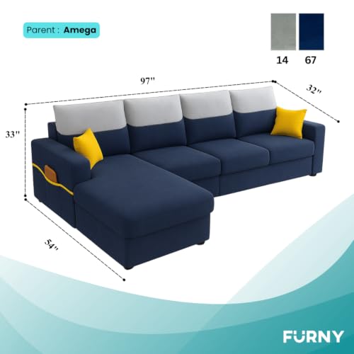 Image of Furny Tokiaa 6 Seater Fabric LHS L Shape Sofa Set (Blue) | Soft Velvet Fabric | Modern Design | Comfortable Seating | Living Room Furniture
