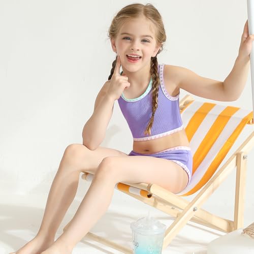 Girls Bathing Suit Toddler Swimsuits 2 Piece Bikini Sets Round Neck Colorful Lace Teen Girls Swimwear 3-14T2