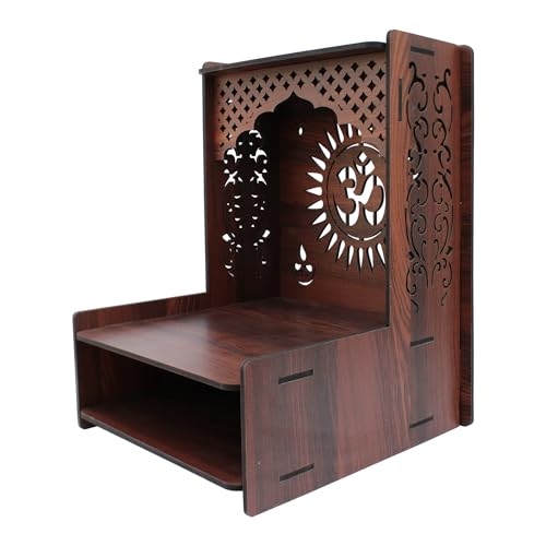 Image of Olive Tree Ethnic Wooden Pooja Mandir for Home Handcrafted Puja Stand | Wall Mounted with LED Spot Light | Mandapam, Pooja Ghar, Temple Office Decor - Walnut Size 12X12X16 Inch 1001