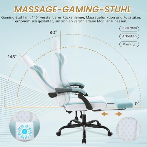 WOLTU Gaming Stuhl,Massagefunktion,Feder-Sitzkissen,Weiß+Blau – Ansicht 6