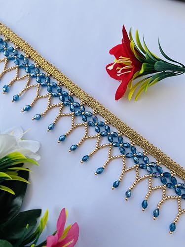 Decorative Gold Lace Trim with Turquoise Crystal Beads, 2.25 Inch Wide, Tassel Drop Design, Beaded Fringe for Sewing, Crafts, Available in 1, 3 and 6 Yards (1)