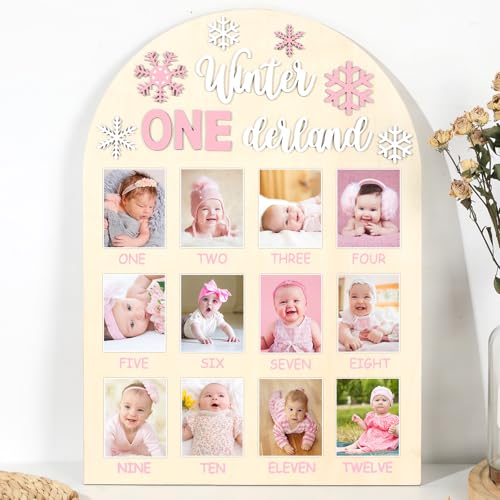 Tableau photo d'anniversaire flocon de neige pour un an - Décoration de fête d'anniversaire d'hiver - Tableau en bois pour 12 mois - Cadre photo rose d'hiver...