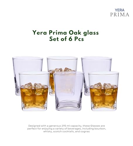 Image of Yera Prima Oak Whisky /Scotch /Water Glasses- 295 ml Each -Set of 6 pcs Tumblers Lead-Free Whiskey Glasses for Scotch Bourbon Cognac Brandy Cocktail Whiskey