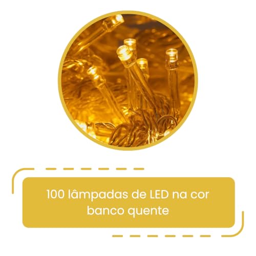Pisca Pisca Branco Quente Cordão Luzes Natal 110 Volts Decoração Natalina 100 Lâmpadas Led Enfeite