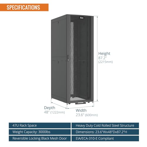 Image of Tecmojo 47U Server Rack Cabinet - PRE-Assembled 24inch Width 48inch Depth IT Network Equipment Cabinet Rack Enclosure with Casters - 3000lbs Weight Capacity,Black