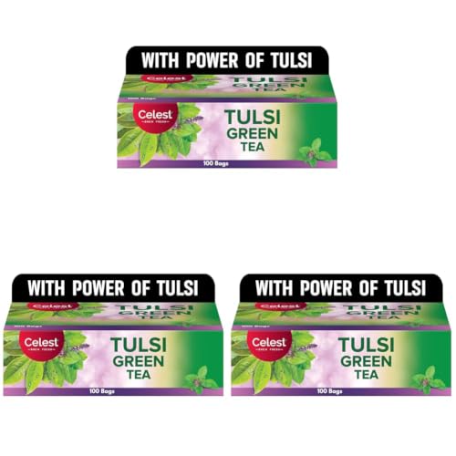 Image of Celest Tulsi Green Tea - 100 Bags | Indian Tulsi Green Tea Bags (Pack of 3)