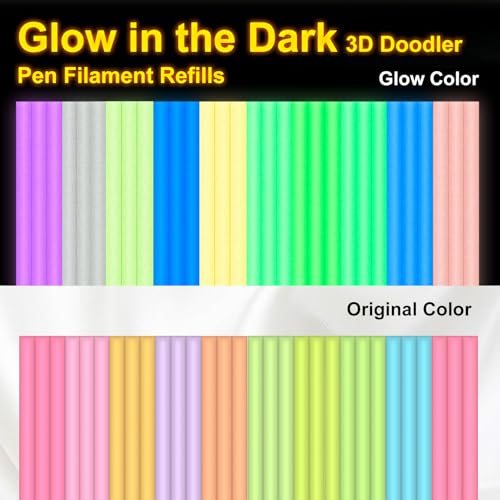 Image of Kretrum Glow in the Dark 3D Doodler Pen Refills for 3Doodler Start+ 3D Pen 2.5mm PCL Filament Refills Packs 10 Colors Glow Filament Each Color 10 pcs Total 100 pcs Only Fit for 3Doodler Start Pen