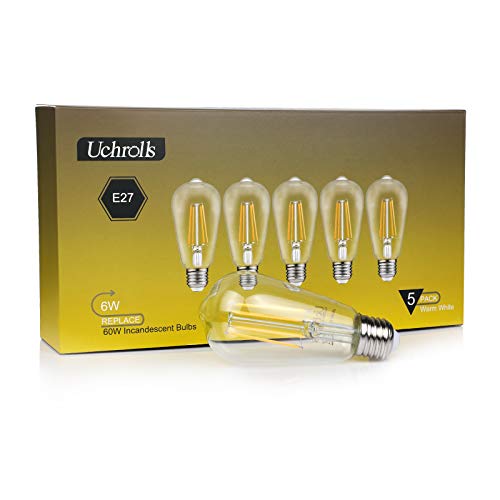 Uchrolls Vintage Edison Light Bulb ST58, E27 Base,6W (Equivalent to 60W),Warm White,2700K,800lm,Filament Clear LED Bulb, Non-dimmable,Pack of 5