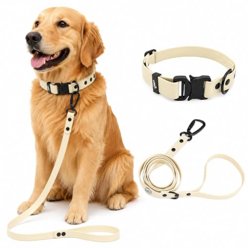 Image of Adil's Biothane Waterproof Dog Collar, Dog Leash & Collar Leash Combo | Heavy Duty TPU Coated Webbing | Adjustable Quick Release Buckle | Odour Resistant (Lemon White, L-22, Collar & Leash Combo)