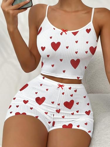 Image of Hilinker Womens Graphic 2 Piece Pajama Set Summer Cute Crop Cami and Shorts Ribbed Lounge Sets