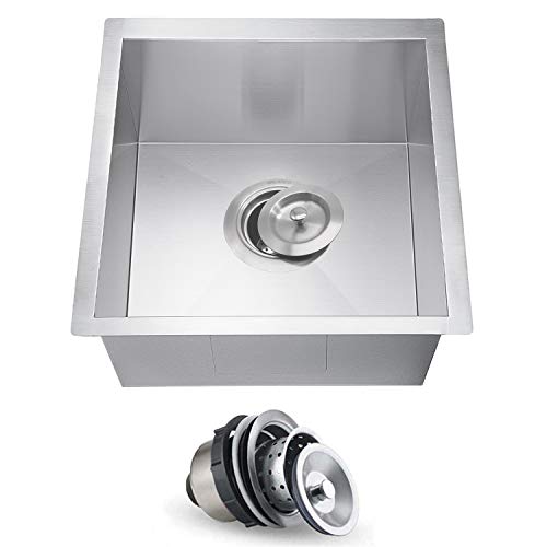 ORLANDO -15x13 Inch Undermount Stainless Steel Single Bowl Kitchen Sink, Bar / Prep Sinks 18 Gauge With Strainer