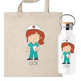 Pack Botella termica + Bolsa personalizada con ilustracion de enfermera, regalo para enfermera ideal, elige el color de pelo y el nombre. (Botella enfermera Pelirroja personalizada)