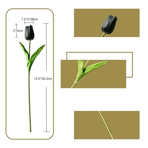 Image of ONLY ART Artificial Black Tulips 20 Pcs - 13.5 Inch PU Faux Flowers with Bendable Stems for Home Decor, Wedding Centerpieces, DIY Floral Arrangements, New Year and Valentine's Day