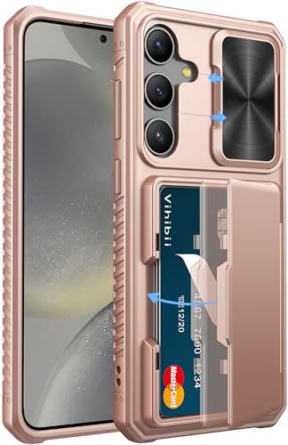 Image of Vihibii Silicone For Samsung Galaxy S24 Plus Back Cover With Slide Camera Cover & Card Holder (4 Cards) & Kickstand, Hard Case For Galaxy S24 Plus, Rose Gold