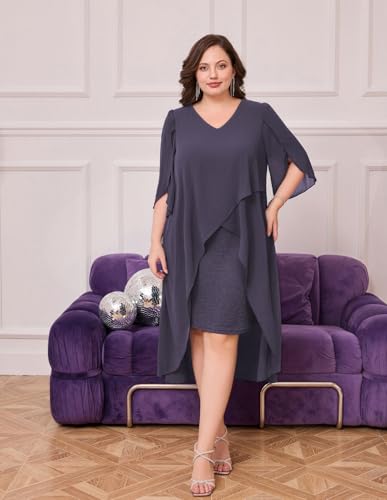 Image of Hanna Nikole Womens Plus Size Chiffon Cocktail Dress Ruffle 3 /4 Sleeve Wedding Guest Party Dresses with High Low Hem