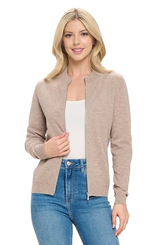Image of Women's 100% Cashmere Soft Long Sleeve Crew Neck Open Zip Cardigan