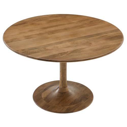 Image of Modway Lippa 48 Inch Round Wood Dining Table in Natural - Solid Mango Wood Tabletop with Pedestal Base - Mid Century Modern Dining Room Furniture - Kitchen Table for 4-6 Person