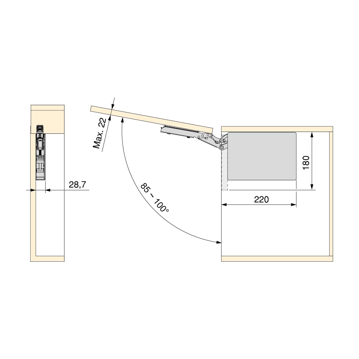 Emuca - Compás para puertas elevables Altius Lift, Fuerza 560-1800 (low=L), Acero y plástico, Blanco