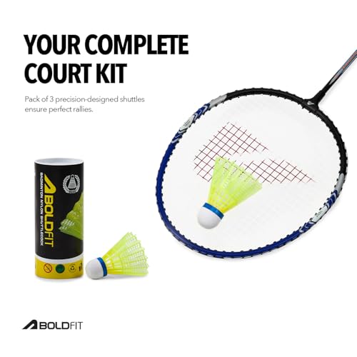 Image of Boldfit Badminton Rackets Aluminium Badminton Racket with Full Cover Bag Standard Shuttle Bat Match Shuttle Bats Lightweight Badminton Shuttle Bat Thunderbolt - Blue Set