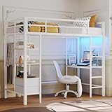 DICTAC Twin Size Loft Bed with Desk and Led Lights Metal Loft Bed with Charging Station & Storage Shelves and Drawers Junior Twin Bed with Clothes Rail,Safety Guard & Ladder,No Box Spring Needed,White
