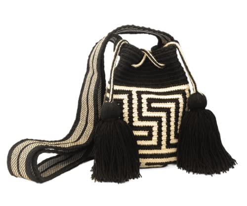 Bolsa feminina pequena WAYUU original bolsa tejida colombiana padrão de crochê autêntico presente da Colômbia, Preto étnico - Mini pequeno, Small