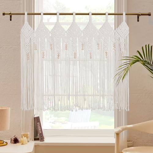 Foreate Boho Beaded Curtains Valance Macrame Window Treatments 31 x39 inches for Kitchen Window Bathroom Doorways Bedroom, Bohemian Wall Hanging Home Decor Macrame Wedding Backdrop, 1 Panel