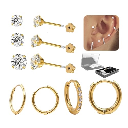 Koariya Stainless Steel Earrings Set,Hypoallergenic earrings 8mm & 10mm with CZ 3mm-5mm Studs in Gold & Silver (Gold)