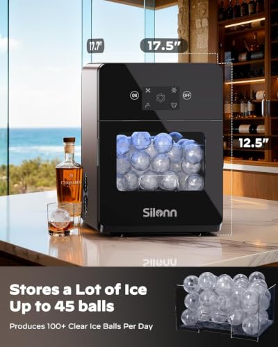 Image of Silonn 2.4″ Ice Ball Maker Countertop, Clear Sphere Ice Maker Machine with Crystal Sphere & Rapid Sphere Technology, 3 pcs in 40 Mins, 100 pcs /Day, Self-Cleaning for Home Bar Whiskey & Bourbon