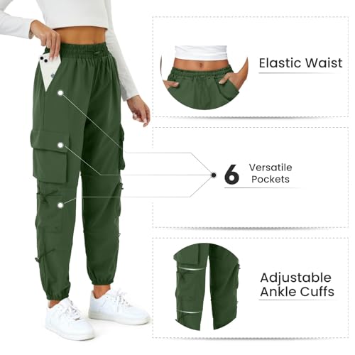 Friptspyg Cargohose Damen Leichter Trekkinghose mit Tasche Wanderhose Schnelltrocken Wasserdicht Einstellgurt Outdoor Hosen Sportlich Jogginghose, Olivgrün L