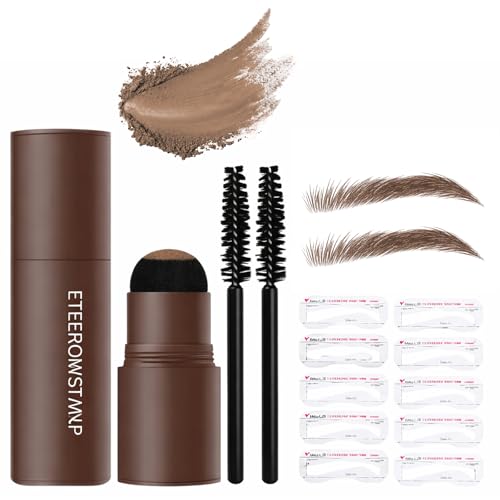 2-in-1 Eyebrow Stencil Kit Waterproof Brow Stamp &Root Touch Up Powder with ABS Accessory Tools Long Lasting Sweatproof Makeup for Men &Women Fills Sparse Brows&Covers Grey Roots (Light Brown)