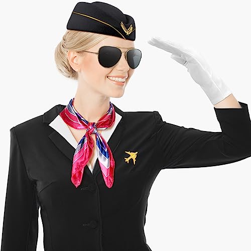 Bencailor 7 Pcs Christmas Women Flight Attendant Costume Accessories Stewardess Outfits Bellhop Hat Scarf Sunglasses Gloves