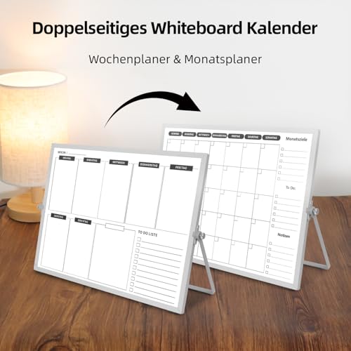 KODAPAGE Doppelseitiges Whiteboard Wochenplaner/Monatsplaner abwischbar mit Halter für Tisch und zum aufhängen für Wand 40 x 30 cm