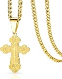 Eouyt Collar Cruz Ortodoxa para Hombre Mujer Acero Inoxidable Crucifijo Jesus Colgante Ortodoxo Bizantino Cadena Joyeria Cristiana Catolica Regalo, Oro