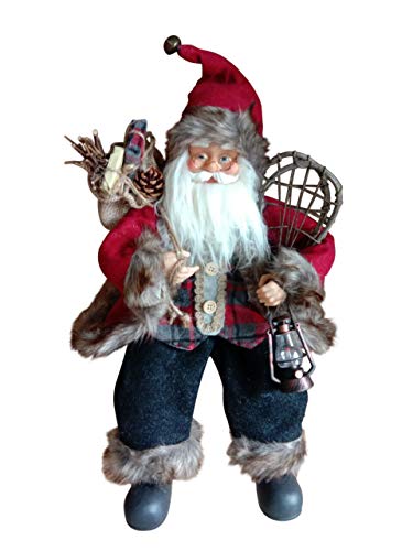 Garden Market Place 45cms Tall Sitting Father Christmas Figure With a Sack, Snow Shoes and Lamp- Rustic Santa Style