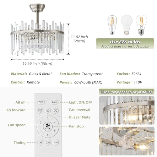 Image of Silver Fandelier Ceiling Fans with Lights, Crystal Chandelier Ceiling Fan with Light Remote Control, Mid Century with 6 Speeds for Bedroom, Living Room