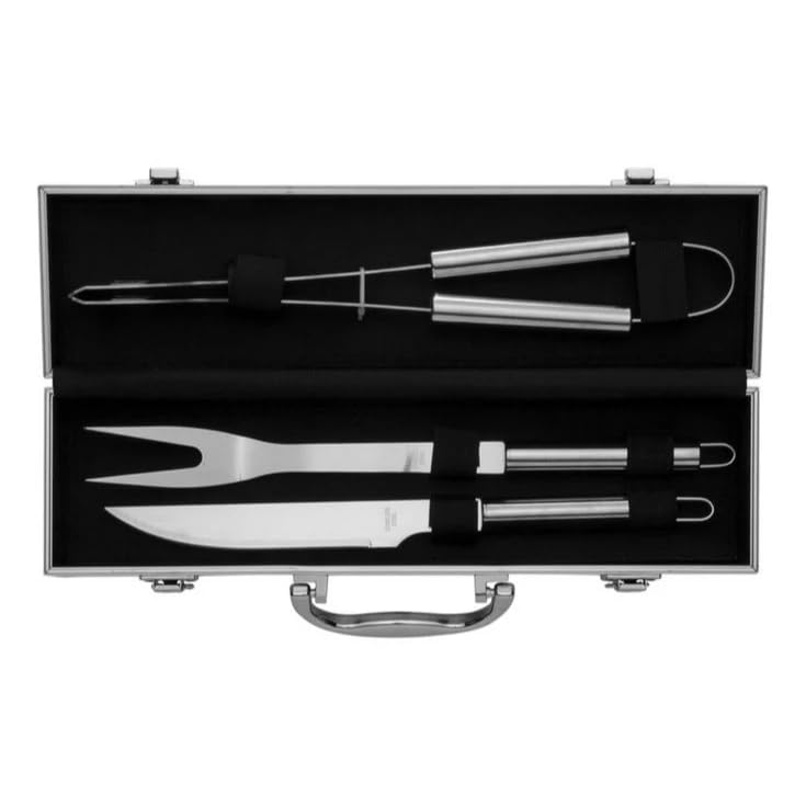 Kit Churrasco 3 Peças Aço Inox com Estojo de Alumínio – Pinça, Faca e Garfo Cabo Longo 37cm – Conjunto para Churrasco Profissional Portátil Presente Masculino