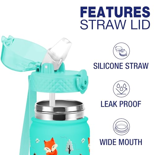 GOPPUS 550ml/18oz Kids Insulated Water Bottle with Straw Cute Double Wall Stainless Steel Child's Small Flask Vacuum Insulated Steel Metal Leak Proof Drink Flask Boys Toddler Girls Bottles BPA-Free - Image 2