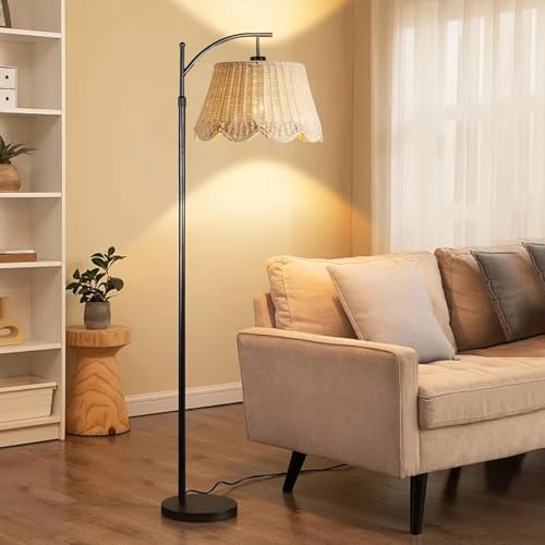 Image of Arc Floor Lamp for Living Room，Rattan Boho Floor Lamp with Hand-Woven Wicker Shade, Foot Switch, Gold /Silvery Metal Base & Pole,Standing Lamp for Bedroom (Gold)