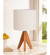 EDISHINE Lampe de Chevet Bois à Trépied avec Abat-jour en Lin, E27 Ampoule LED Incluse, 2700K Bla...