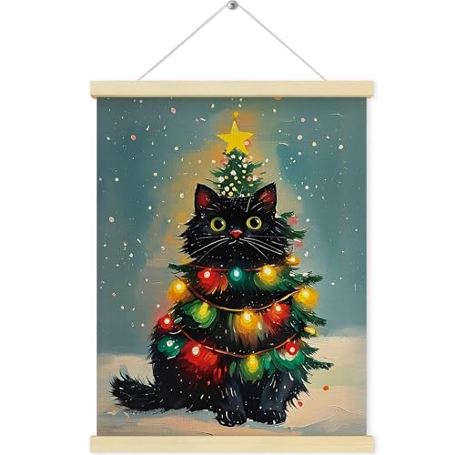 QEJ Black Cat Christmas Tree Wall Art Decor, Black Cat Gifts Canvas Poster Hanger Frame, Funny Xmas Cute Animal Wall Decorations for Bedroom Living Room Home Decor, 12x16 Inch